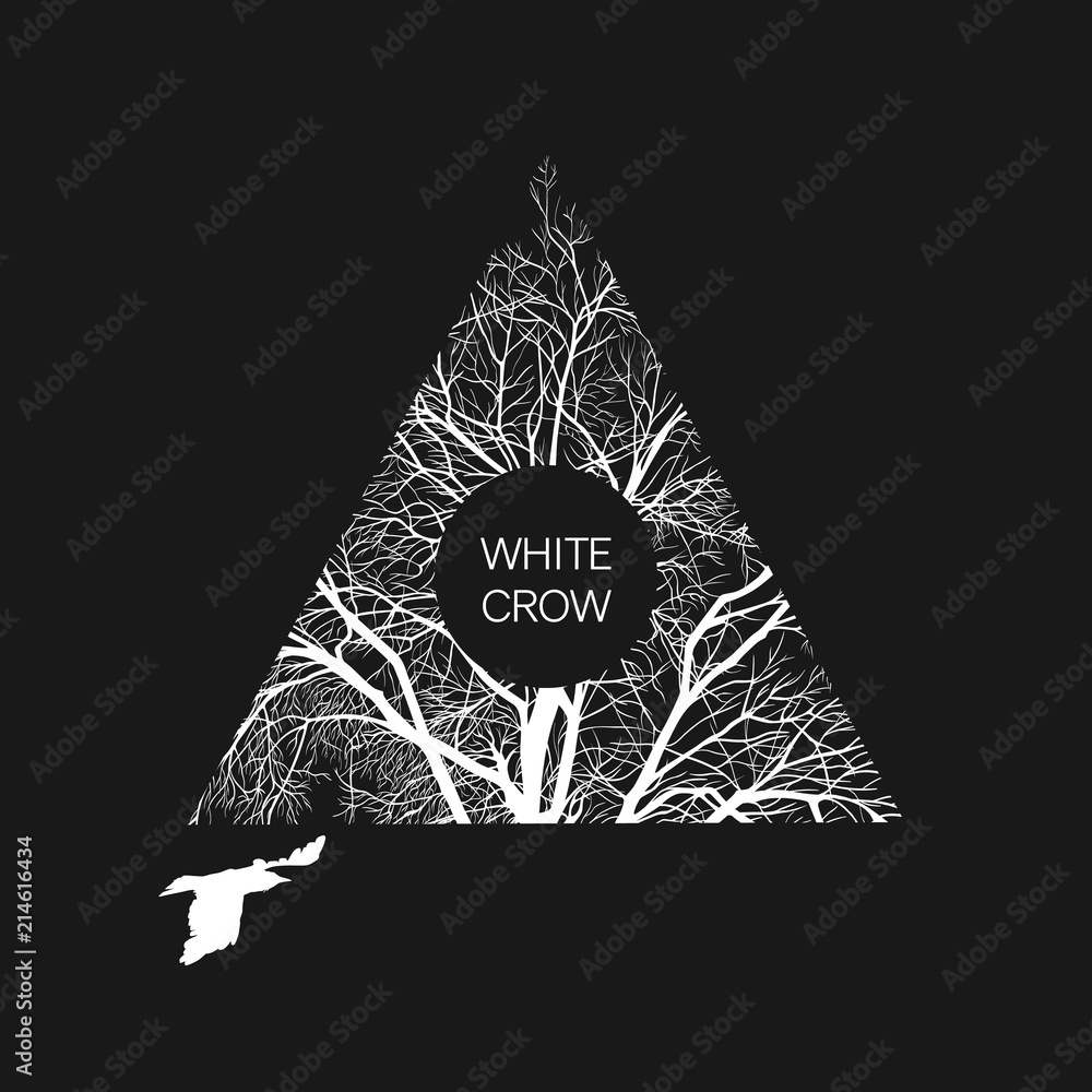 Square template with a white crow and a tree on a black background