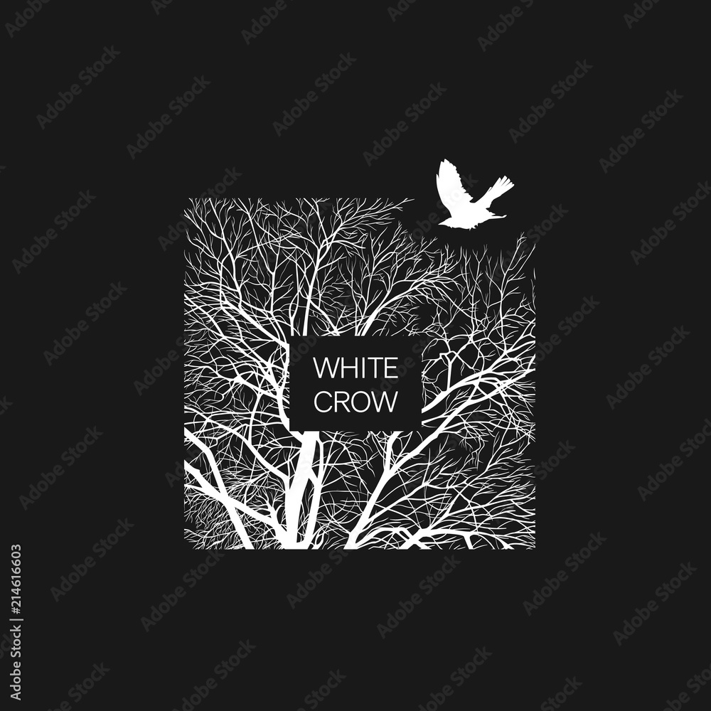 Square template with a white crow and a tree on a black background