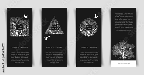 Narrow vertical templates with a white crow and a tree on a black background. Banner templates.