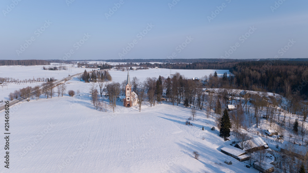Winter field Krimulda Latvia aerial drone top view