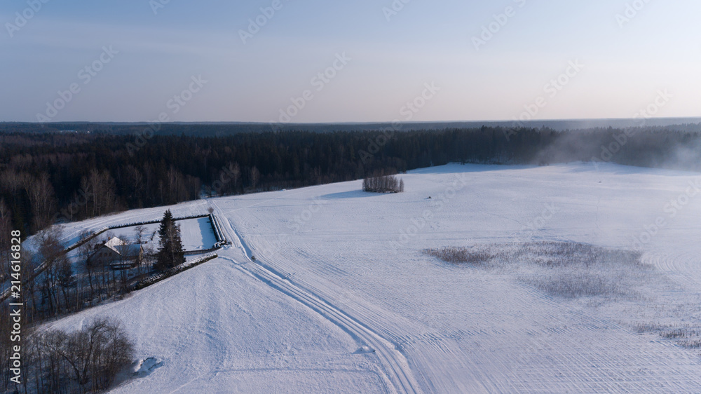 Winter field Krimulda Latvia aerial drone top view