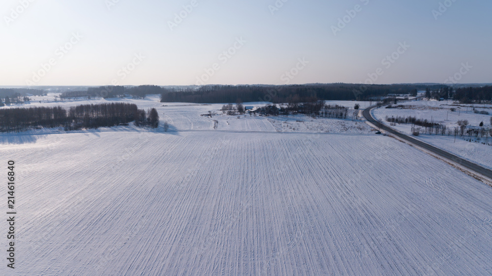 Winter field Krimulda Latvia aerial drone top view