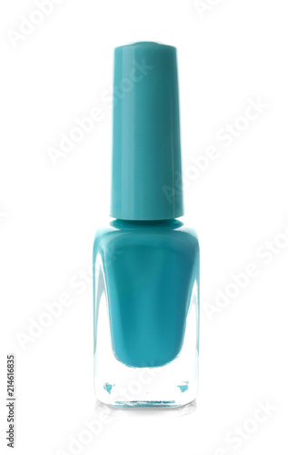 Glass bottle of nail polish on white background