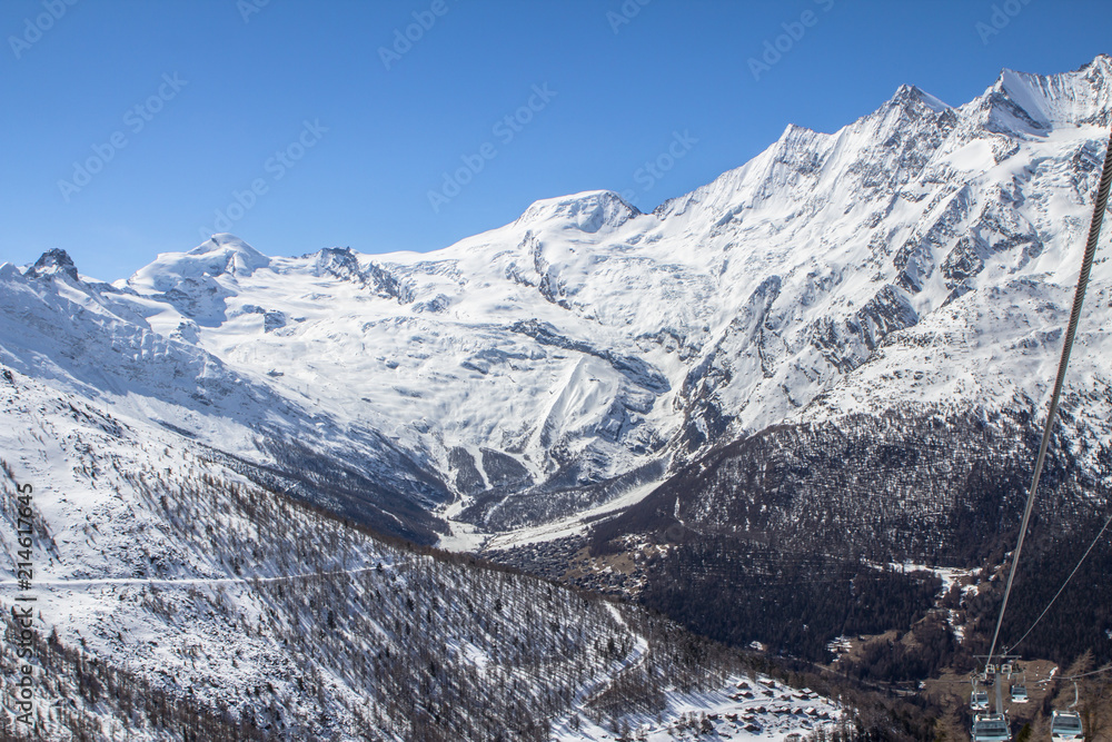 Ski Tracks and lifts in a Swiss mountains in Saas-Fee