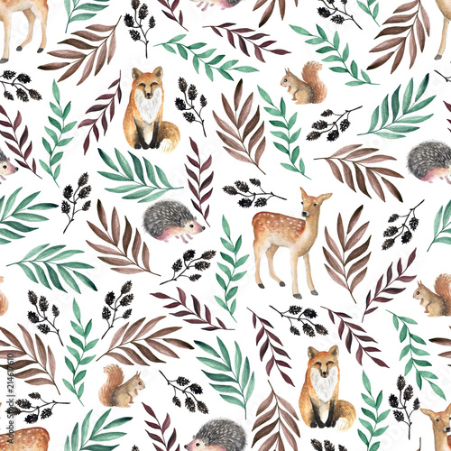 Seamless pattern with foxes, deers, hedgehogs. Watercolor hand drawn