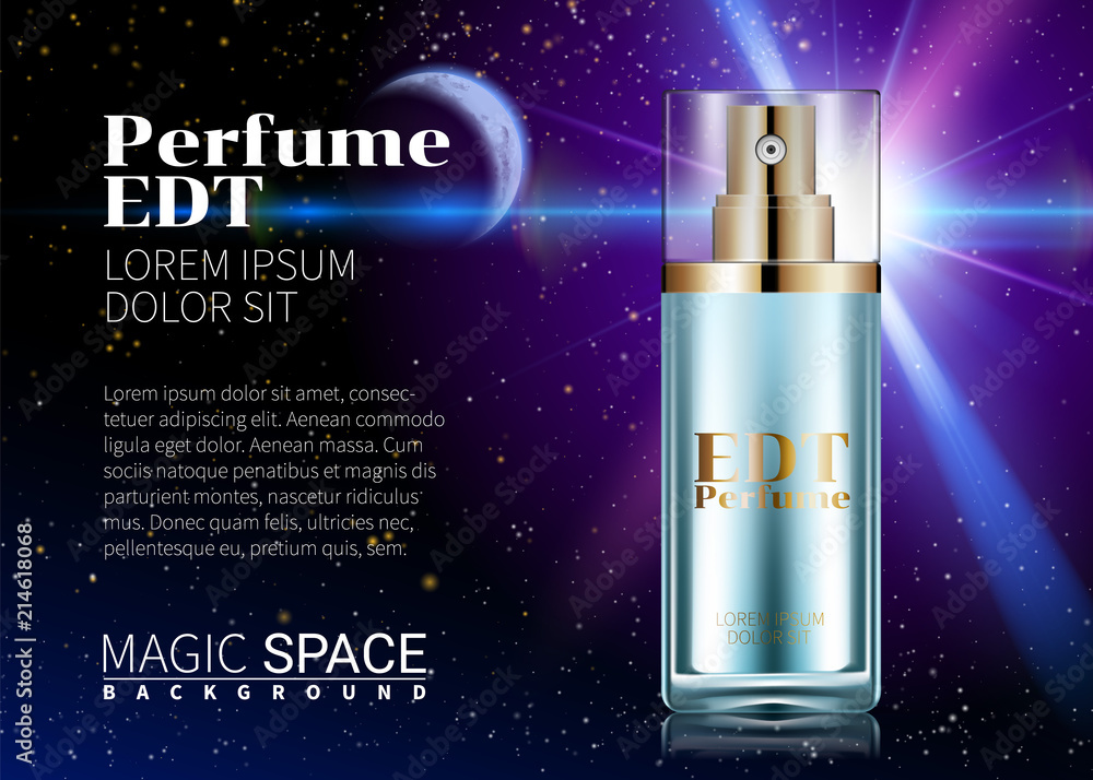 Perfume Design Glass Bottle Cosmetics Product Advertising for Catalog  Magazine. Night Space Background. Design of Package Great Poster for  Promoting a new Fragrance Vector template vector de Stock | Adobe Stock