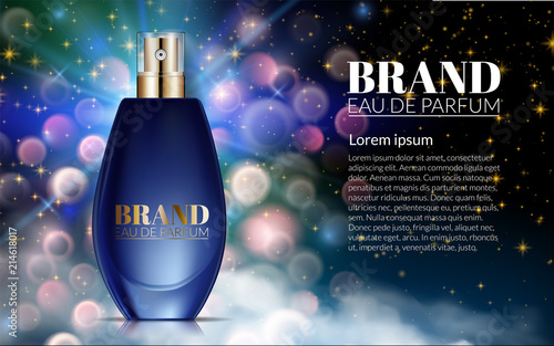 Realistic Perfume Blue Bottles on Shine Blue Blurred Bokeh Background. Luxury Beautiful Smoke and Smell. Cosmetics Advertising. Package Design Promotion Product. 3D Vector Illustration