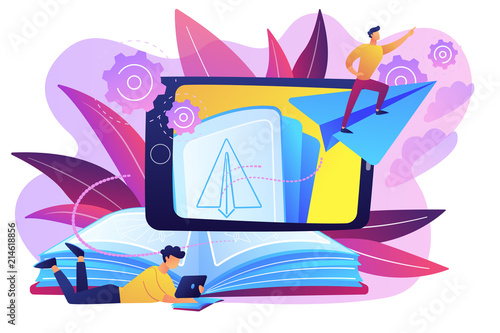 User with book and tablet watching himself flying on paper plane in augmented reality. Virtual reality learning technology, enertainment app concept, violet palette. Vector isolated illustration.