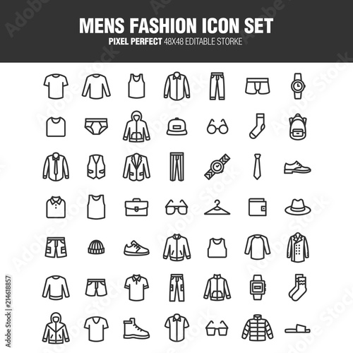 It's a set of icons about men's fashion. This content provides clothing, general merchandise, etc. Editable stroke. 48x48 Pixel Perfect.