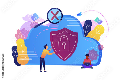 Man holding security shield and developer using laptop. Data and applications protection, network and information security, safe cloud storage concept, violet palette. Vector isolated illustration.