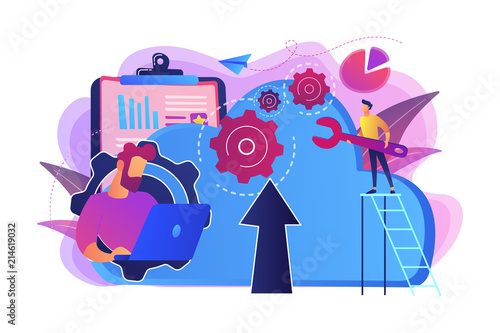 Developer working on laptop with cloud data. Computing applications, developing cloud system, cloud resourses solving business problems concept, violet palette. Vector isolated illustration.