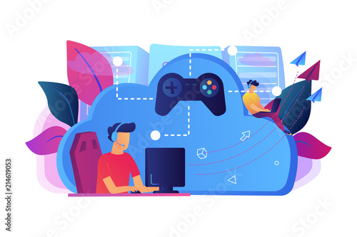 Two gamers playing computer connected with joystick. Gaming on demand, video and file streaming, cloud technology, various devices gaming concept, violet palette. Vector isolated illustration.