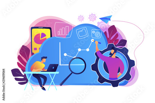 Developers drawing chart, monitoring applications. Computing resourses, operaing data and services, cloud technology organization and management concept, violet palette. Vector isolated illustration.