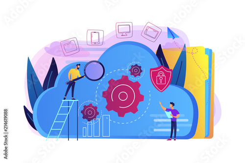 Two developers looking at the gears on the cloud. Digital data storage, database securiry, data protection, cloud technology concept, violet palette. Vector illustration isolated on white background.