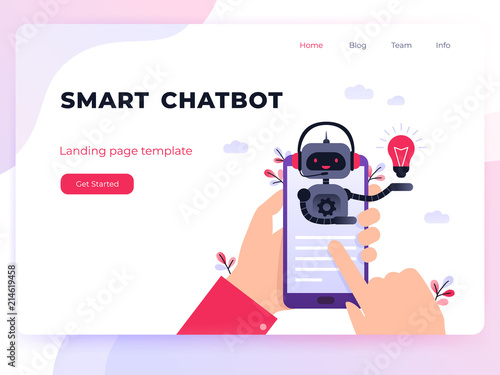 Chatbot business concept. Modern landing page template. Chatbot, artificial intelligence, customer support, hotline with bot. Ultra violet flat vector illustration with hands holding smartphone