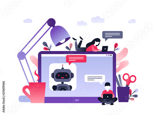 Chatbot business concept. Modern banner for the site. Chatbot, artificial intelligence, customer support. Dialog box of computer on desk and small people. Ultra violet flat vector illustration.
