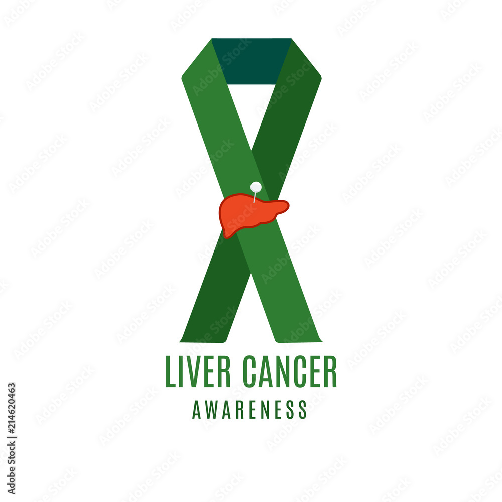 Liver cancer awareness poster design template. Emerald green ribbon with pinned liver icon on white background. Medical concept. Vector illustration. Liver cancer awareness poster design template. Emerald green ribbon with pinned liver icon on white background. Medical concept. Vector illustration.