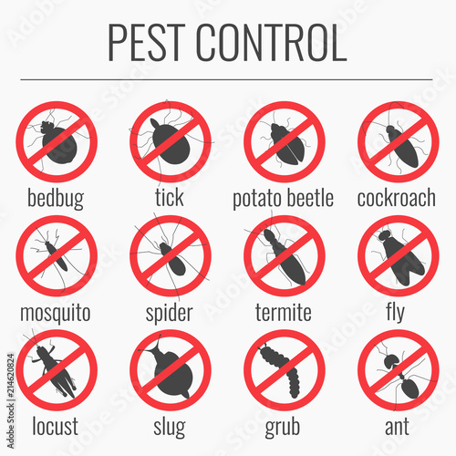 Anti pest icon set with insects silhouettes. Red prohibition beetle warning sign. Perfect for exterminator service companies. Vector illustration.