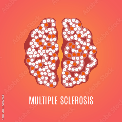 Multiple sclerosis awareness poster with brain made of pills on red background. MS awareness sign. Top view. Medical solidarity day concept. Vector illustration.
