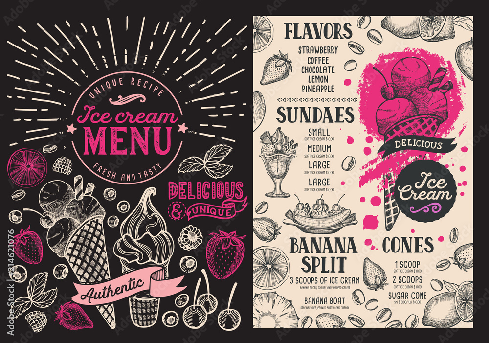 Ice cream restaurant menu. Vector dessert food flyer for bar and cafe ...