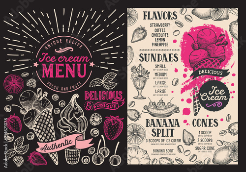 Ice cream restaurant menu. Vector dessert food flyer for bar and cafe. Design template with vintage hand-drawn illustrations on chalkboard background.