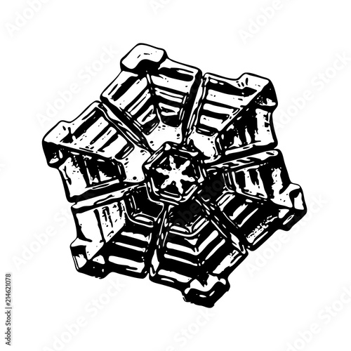 Black snowflake on white background. This illustration based on macro photo of real snow crystal: tiny sectored plate with simple hexagonal shape and complex, relief inner structure. photo
