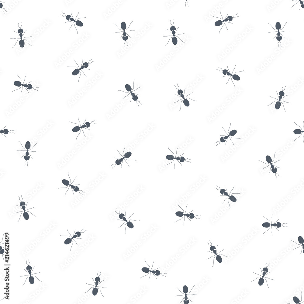 Chaotic running ants. Seamless pattern on white background. Insect backdrop. Perfect for textile and fabric. Vector illustration.
