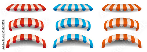 A set of striped red, blue, orange white awnings, canopies for the store. Awning for the cafes and street restaurants. Vector illustration isolated on white background. Isolated