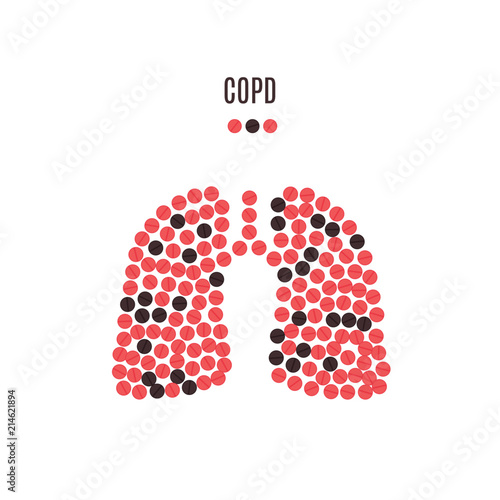COPD awareness poster with lungs made of red and black pills on white background. Chronic obstructive pulmonary disease symbol. Medical solidarity concept for clinics and centers. Vector illustration.