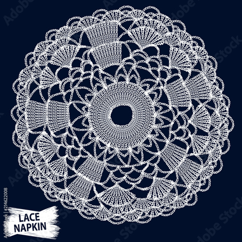 Lace napkin. Crochet round ornament. Knitting illustration. Granny hand made lacework. Macrame retro. Boho style fashion. Realistic vector for fashion or interior fabric design.