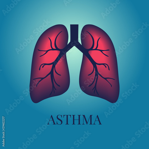 Asthma awareness poster with lungs on blue background. Bronchial disease symbol. Medical template for pulmonary clinics and centers. Vector illustration.