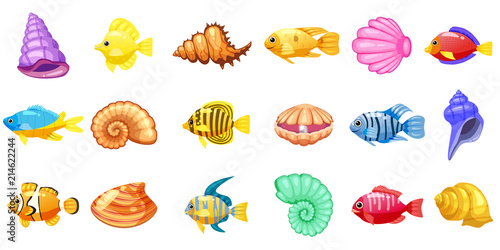 Cartoon Vector game icons with seashell, Colorful coral reef tropical fish, pearl, for underwater match three game, apps on white background. Isolated elements.