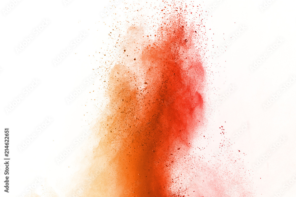 Explosion of colored powder, isolated on white background. Abstract of colored dust splatted. Color cloud.