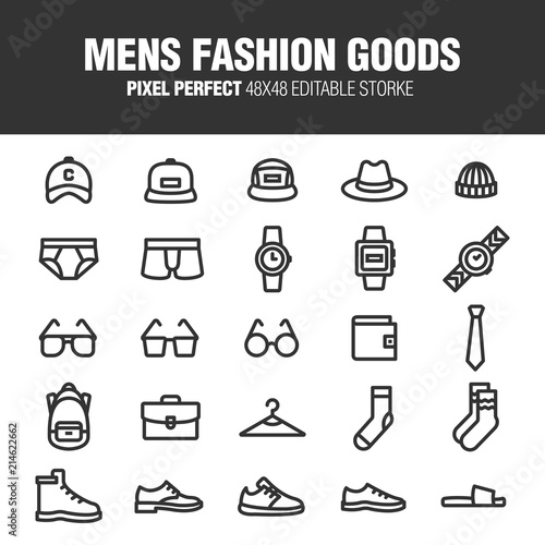 It's a set of icons about the men's fashion items. Editable stroke. 48x48 Pixel Perfect.