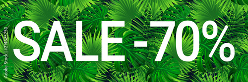 Sale banner with text. seasonal promotion advertising. Season discount poster. Special offer coupon. . Tropic background with exotic tropical plants, leaves. Super price sellout. Vector illustration