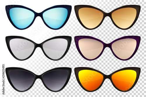 Sunglasses set. Trendy sunglasses colors. Summer eyeglasses. Fashion collection. Summer vacation item. Sunglasses for tropical trip. Cat eye rim style. Retro trend vector.