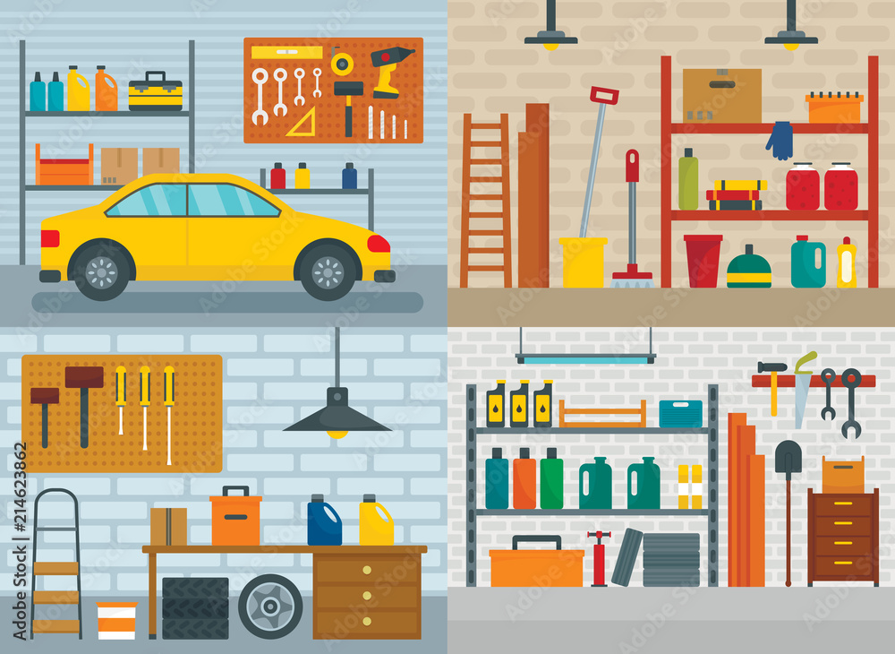 Garage interior car room banner concept set. Flat illustration of 4 garage interior car room vector banner concepts for web