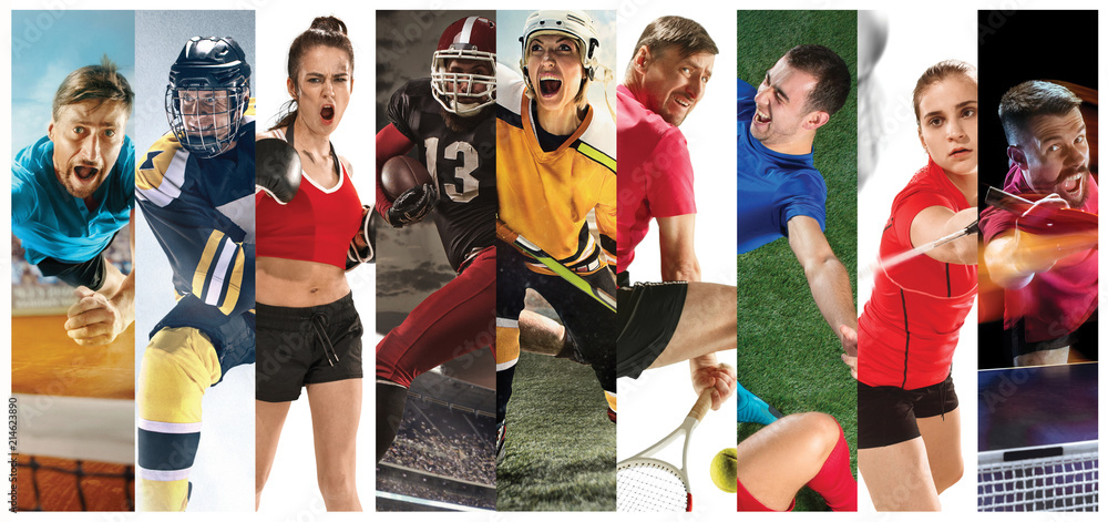 Sport collage about soccer, american football, badminton, tennis, boxing, ice and field hockey, table tennis