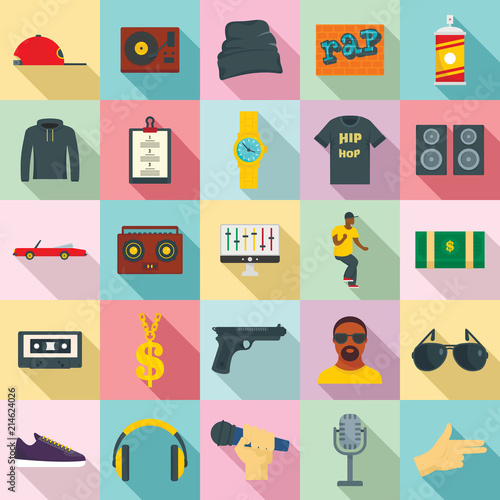 Hiphop rap swag music dance icons set. Flat illustration of 25 hiphop rap swag music dance vector icons for web