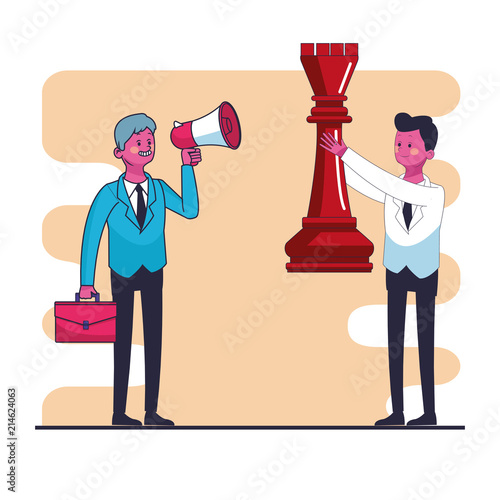 Businessmens with chess piece and bullhorn vector illustration graphic design