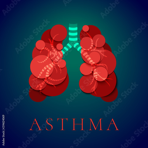 Asthma awareness day poster with human lungs made of red bubbles on blue background. Bronchial disease symbol. Medical template for pulmonary clinics and centers. Vector illustration.
