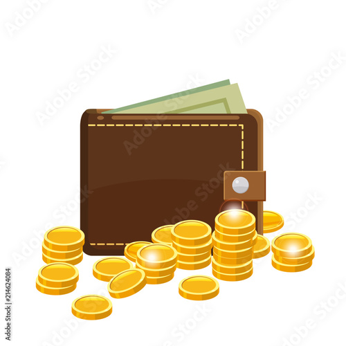 Golden coins and wallet with dollars bank notes in purse. Saving money concept. Vector illustration, cartoon style, isolated