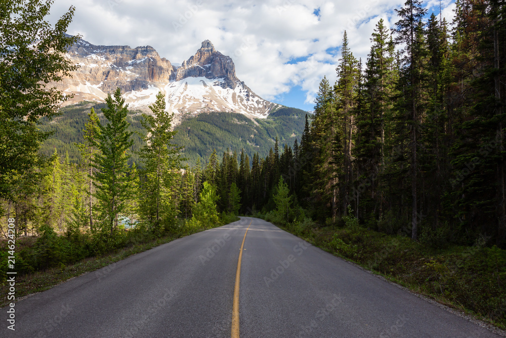 Naklejka premium Scenic road in the Canadian Rockies during a vibrant sunny summer day. Taken in Yoho National Park, British Columbia, Canada.
