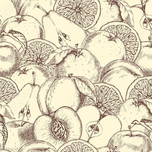 Fruits background. Vector hand drawn illustration with apples,pears, peaches and oranges.