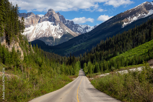 Scenic road in the Canadian Rockies during a vibrant sunny summer day. Taken in Yoho National Park, British Columbia, Canada.