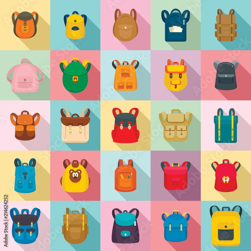 Backpack school travel sport kid camping bag icons set. Flat illustration of 25 backpack school travel sport kid camping bag vector icons for web