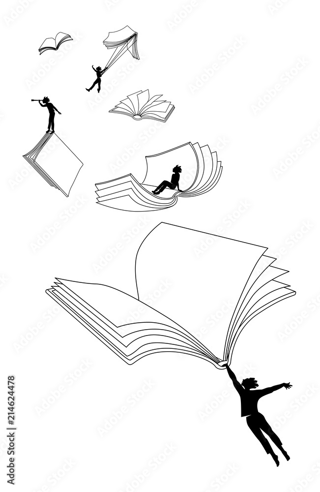 Fototapeta premium book, reading, Vector illustration of phantasy situations young human and literature, clip art, lines, sylhouette, poetry