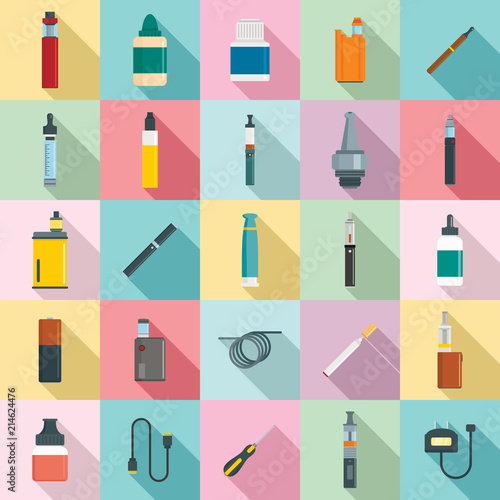 Electronic cigarette mod cig smoke icons set. Flat illustration of 25 electronic cigarette mod cig smoke vector icons for web