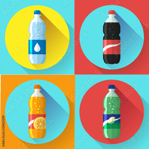 set of pictures plastic bottle of coca cola, sprite, fantasy orange soda. Flat vector illustration.