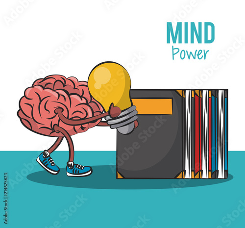 Brain holding big idea and passing for books pile vector illustration graphic design